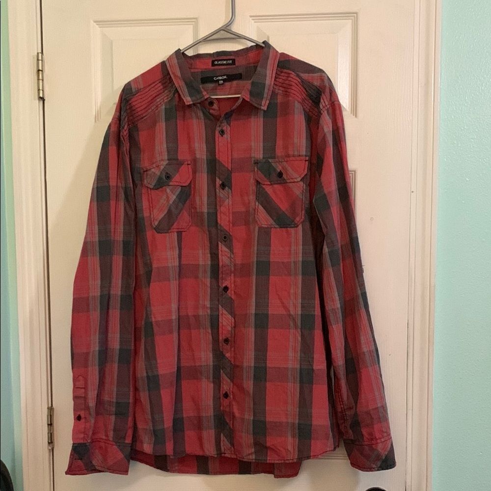 Carbon Red Black and Gray Plaid Button Down Shirt Classic Fit Size XXL